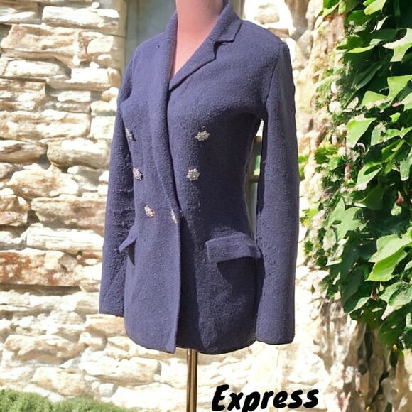 EXPRESS WOMENS SWEATER BLAZER DOUBLE BREASTED RHINESTONE EMBELLISHED BLUE SMALL - Picture 1 of 10